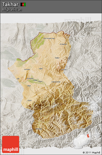 Satellite 3D Map of Takhar, lighten, semi-desaturated