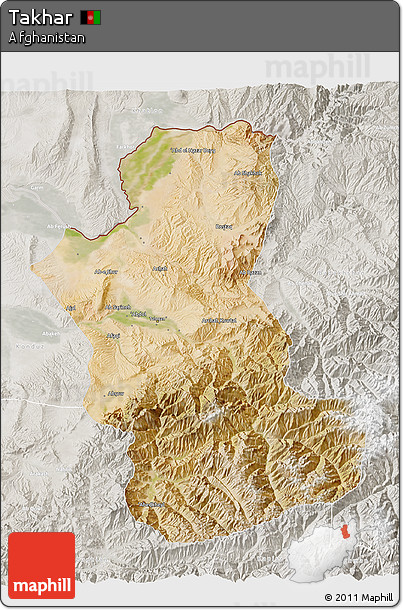 Satellite 3D Map of Takhar, lighten, semi-desaturated