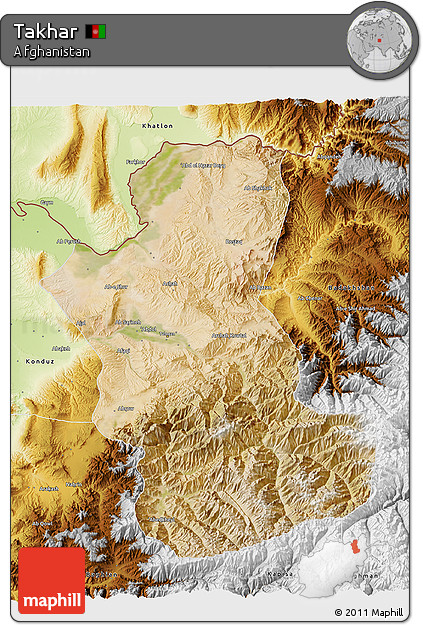 Satellite 3D Map of Takhar, physical outside