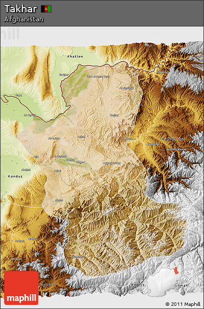 Satellite 3D Map of Takhar, physical outside