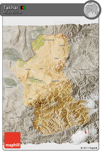 Satellite 3D Map of Takhar, semi-desaturated