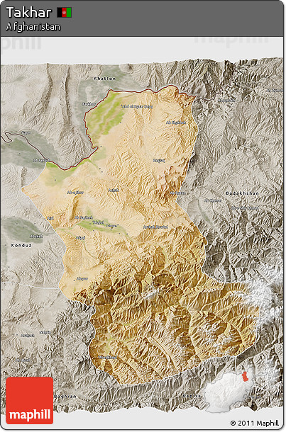 Satellite 3D Map of Takhar, semi-desaturated