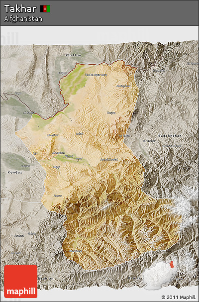 Satellite 3D Map of Takhar, semi-desaturated