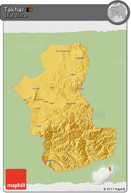 Savanna Style 3D Map of Takhar, single color outside