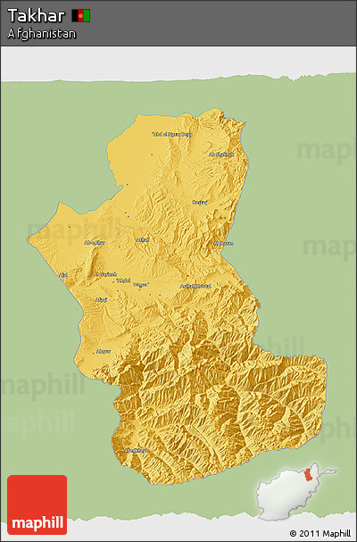 Savanna Style 3D Map of Takhar, single color outside