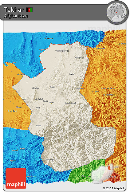 Shaded Relief 3D Map of Takhar, political outside
