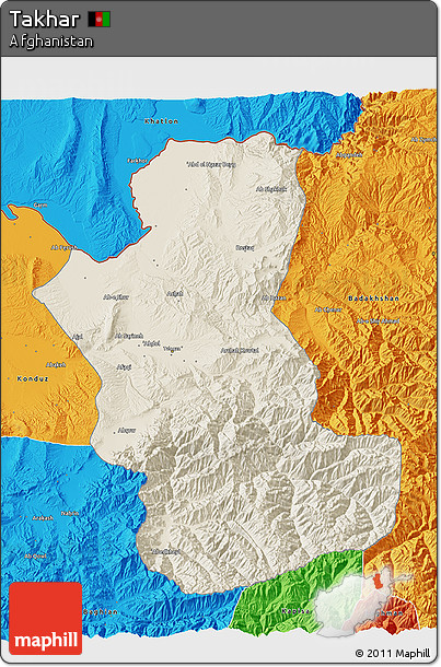 Shaded Relief 3D Map of Takhar, political outside