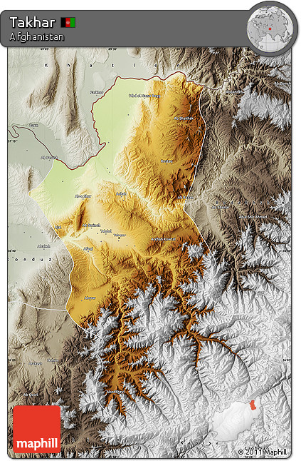 Physical Map of Takhar, semi-desaturated