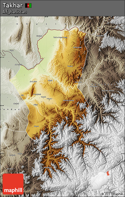 Physical Map of Takhar, semi-desaturated