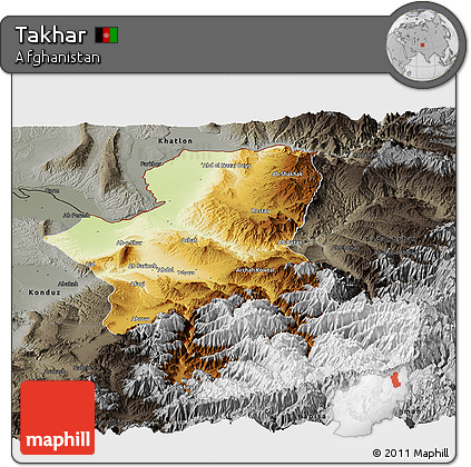 Physical Panoramic Map of Takhar, darken, semi-desaturated