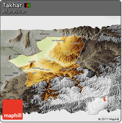 Physical Panoramic Map of Takhar, darken, semi-desaturated