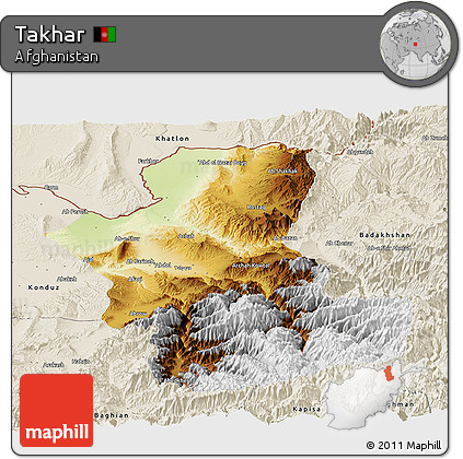 Physical Panoramic Map of Takhar, shaded relief outside