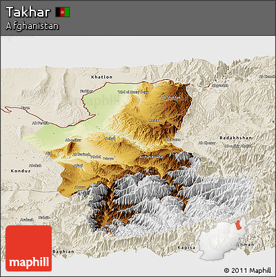 Physical Panoramic Map of Takhar, shaded relief outside