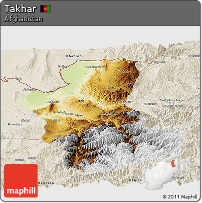Physical Panoramic Map of Takhar, shaded relief outside