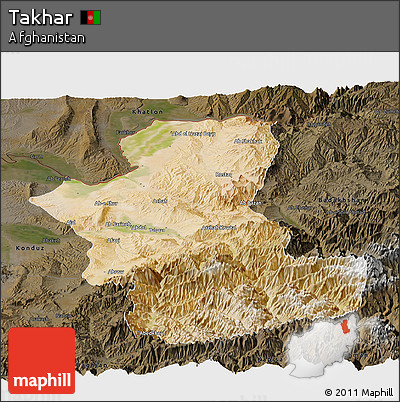 Satellite Panoramic Map of Takhar, darken