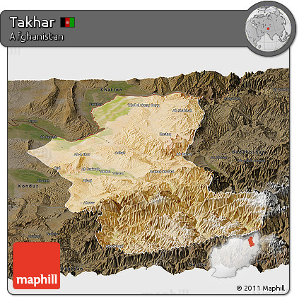 Satellite Panoramic Map of Takhar, darken