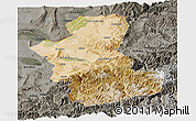 Satellite Panoramic Map of Takhar, darken, semi-desaturated