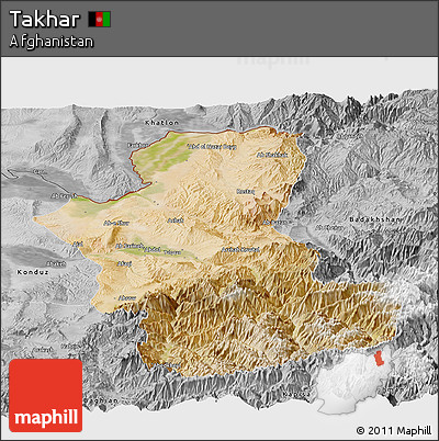 Satellite Panoramic Map of Takhar, desaturated