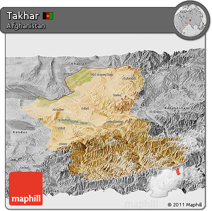Satellite Panoramic Map of Takhar, desaturated