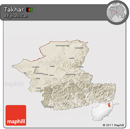 Shaded Relief Panoramic Map of Takhar, cropped outside