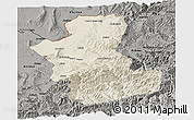 Shaded Relief Panoramic Map of Takhar, darken, semi-desaturated