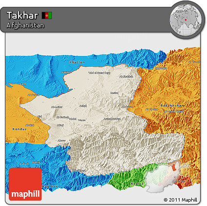 Shaded Relief Panoramic Map of Takhar, political outside
