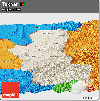 Shaded Relief Panoramic Map of Takhar, political outside