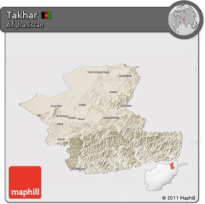 Shaded Relief Panoramic Map of Takhar, single color outside