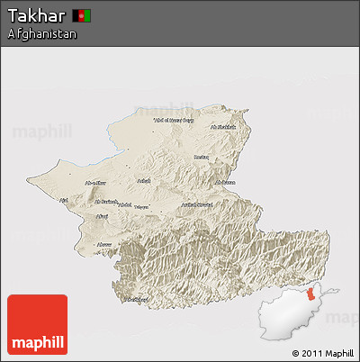 Shaded Relief Panoramic Map of Takhar, single color outside