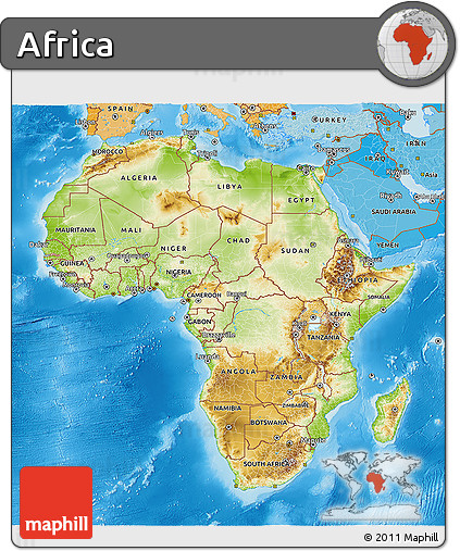 Physical 3D Map of Africa, political shades outside, shaded relief sea