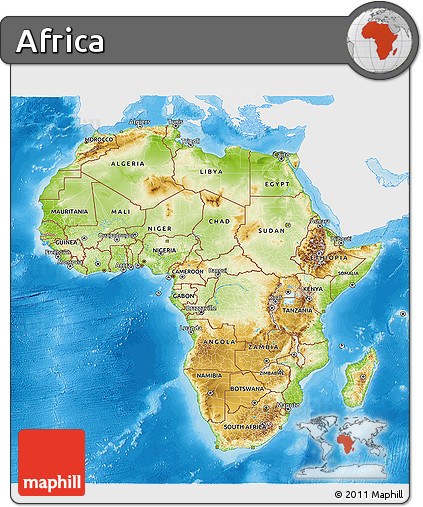 Physical 3D Map of Africa, single color outside, bathymetry sea, shaded relief sea
