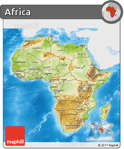 Physical 3D Map of Africa, single color outside