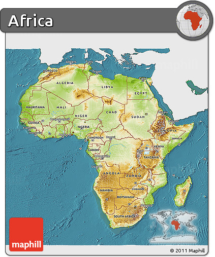 Physical 3D Map of Africa, single color outside, satellite sea