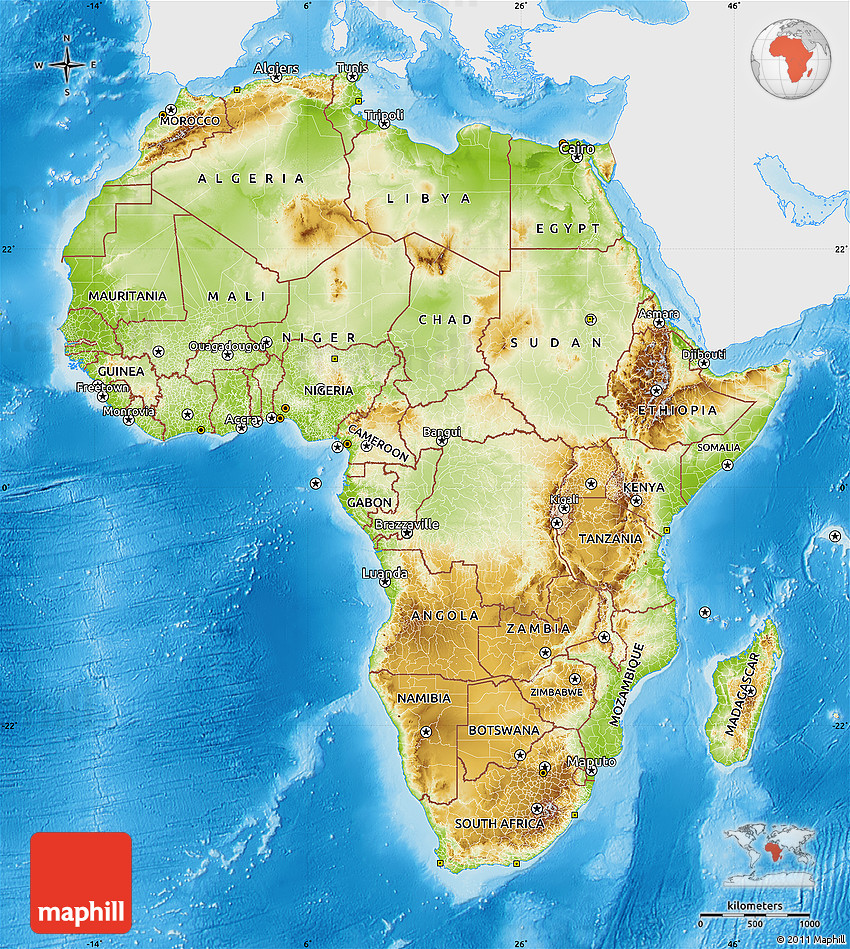 Physical Map of Africa, single color outside