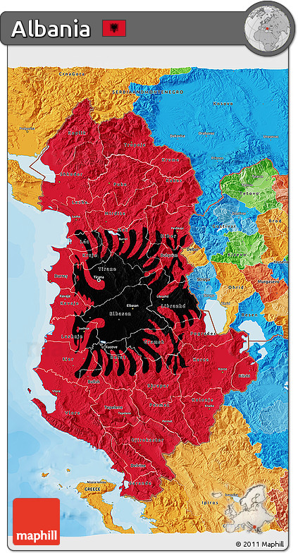 Flag 3D Map of Albania, political outside, flag rotated