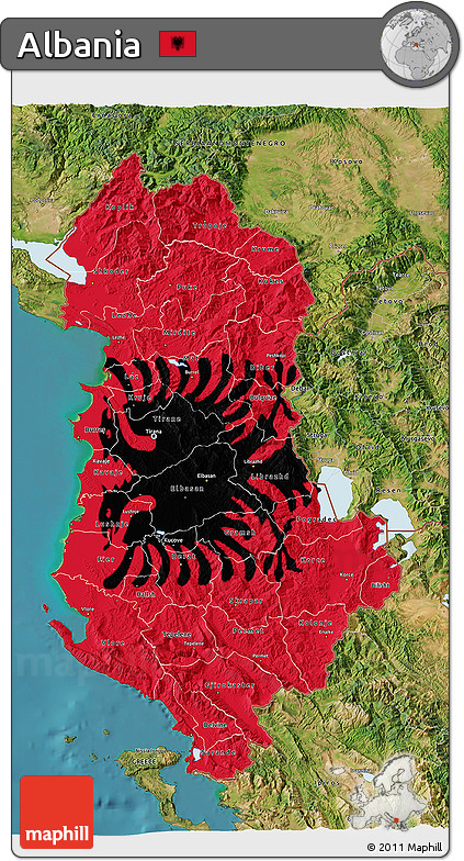 Flag 3D Map of Albania, satellite outside, flag aligned to the middle