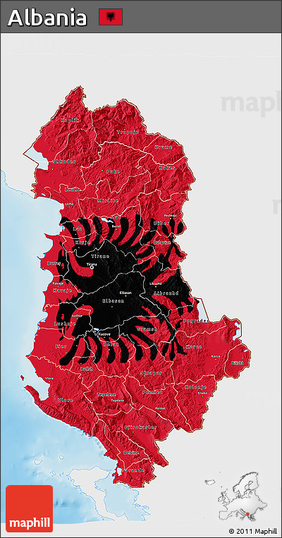 Flag 3D Map of Albania, single color outside, shaded relief sea, flag aligned to the middle