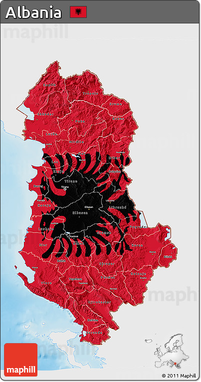 Flag 3D Map of Albania, single color outside, shaded relief sea, flag aligned to the middle