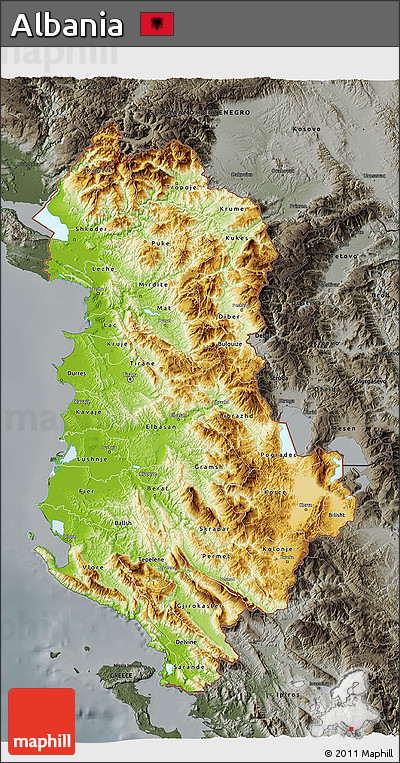 Physical 3D Map of Albania, darken, semi-desaturated