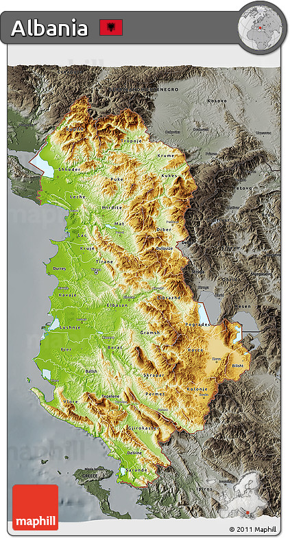 Physical 3D Map of Albania, darken, semi-desaturated