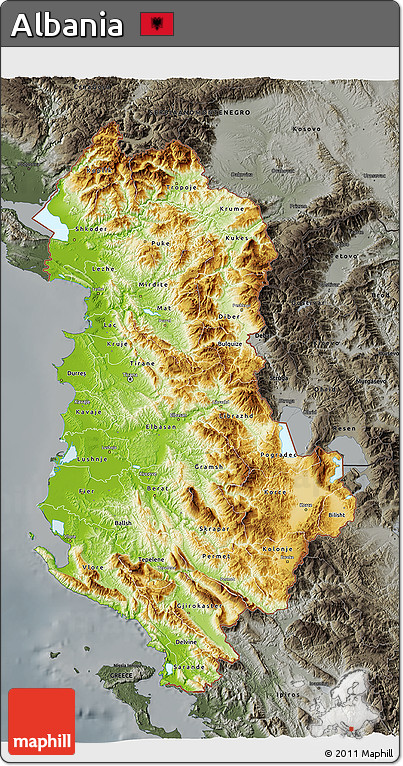 Physical 3D Map of Albania, darken, semi-desaturated