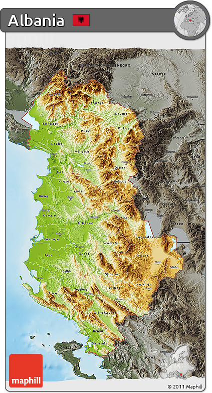 Physical 3D Map of Albania, darken, semi-desaturated, land only