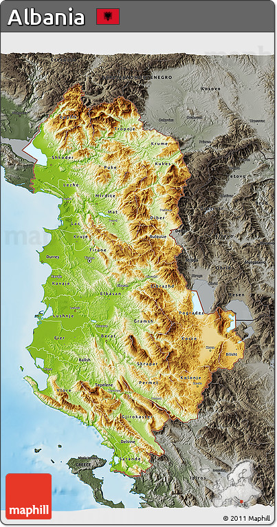 Physical 3D Map of Albania, darken, semi-desaturated, land only