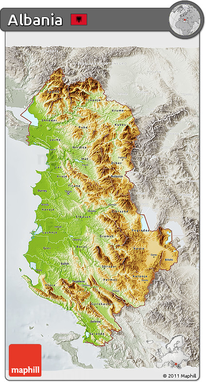 Physical 3D Map of Albania, lighten, semi-desaturated