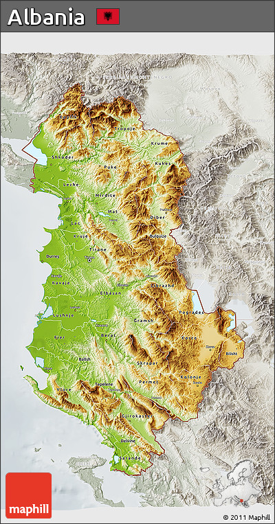 Physical 3D Map of Albania, lighten, semi-desaturated