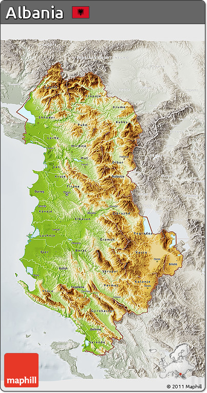 Physical 3D Map of Albania, lighten, semi-desaturated