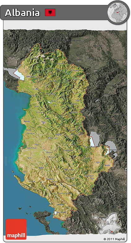 Satellite 3D Map of Albania, darken, semi-desaturated, land only