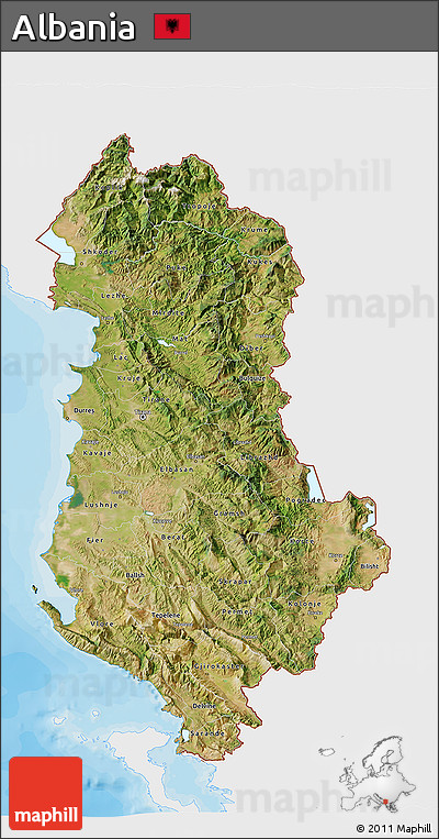 Satellite 3D Map of Albania, single color outside, bathymetry sea, shaded relief sea