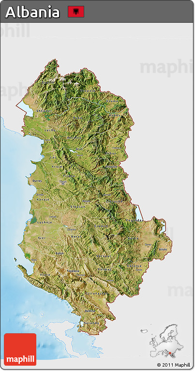 Satellite 3D Map of Albania, single color outside, shaded relief sea