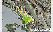 Physical Map of Delvinë, darken, semi-desaturated